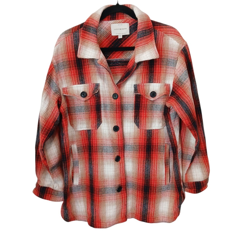 $174 Lucky Brand Red Flannel Shacket Shirt Jacket Women‎ Size Medium Multi